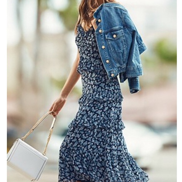 MICHAEL Michael Kors tiered ruffle dot print midi in navy. - Picture 2 of 5